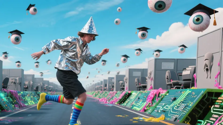 Picture a person wearing mismatched socks and a tinfoil hat confidently moonwalking down a highway made of glowing circuit boards that are comically defying gravity. On either side of the highway are hordes of identical, grey, sad-looking office cubicles that are melting into puddles of goopy, fluorescent paint. The person is leaving behind a trail of rainbow-colored digital footprints. The sky above is filled with flying eyeballs wearing tiny graduation caps.