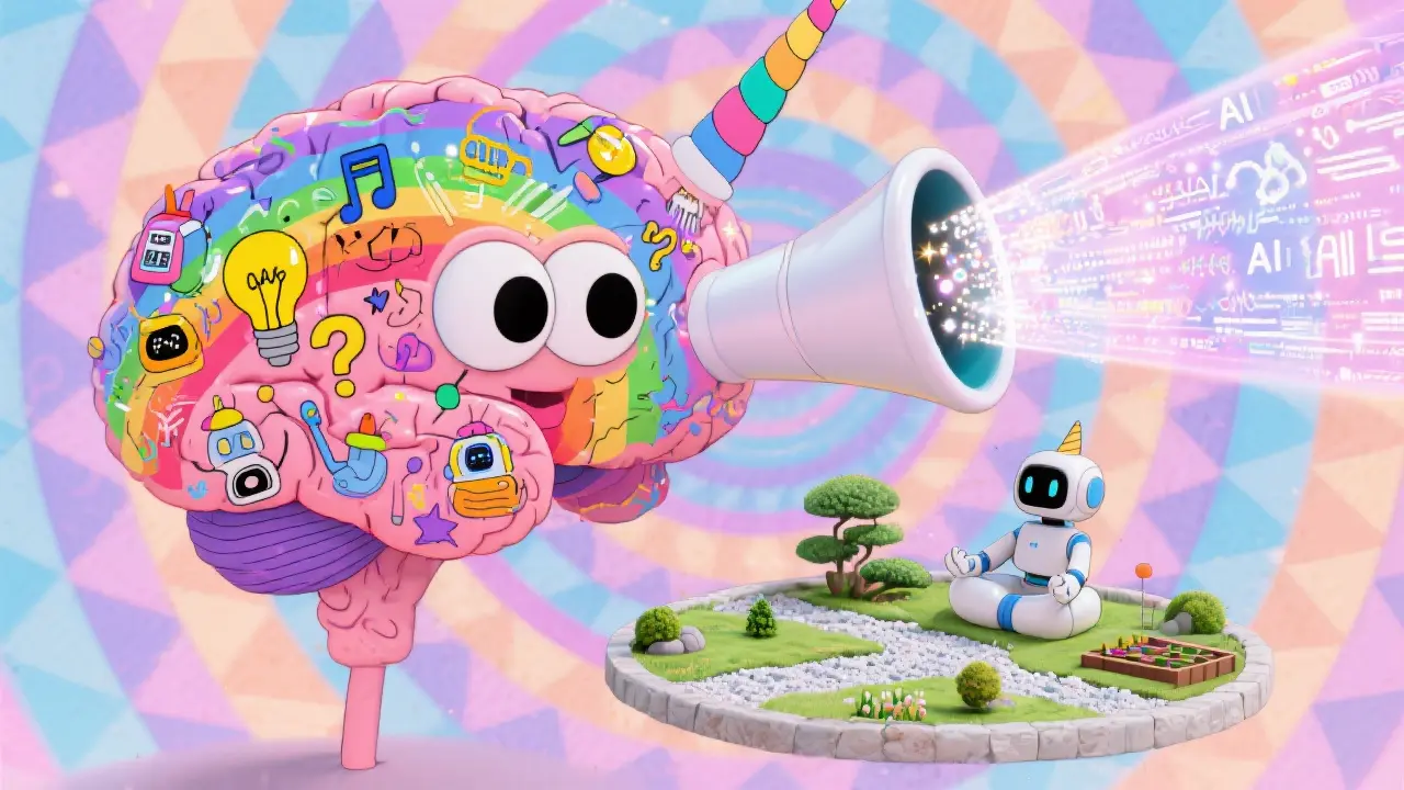  Imagine a brightly colored cartoon brain with wild, googly eyes overflowing with a rainbow explosion of doodles (lightbulbs, musical notes, robots with funny hats, question marks doing yoga). These ideas are being vacuumed up by a giant, sentient funnel shaped like a unicorn horn, which then shoots out a beam of pure, sparkly AI code that lands in a tiny, impeccably organized zen garden being tended by a miniature, meditating robot. The background should be a swirling vortex of pastel colors and geometric patterns.