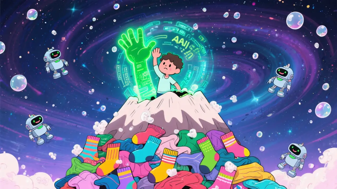 A towering, cartoon-style mountain of laundry, comically overflowing with brightly colored socks, has a small, sad-looking person trapped on top. A triumphant hand, made of glowing green energy, emerges from a vortex of holographic AI code and is giving the person a high-five, pulling them to safety. The background is a swirling, psychedelic galaxy of soapy bubbles and tiny, laughing robots.